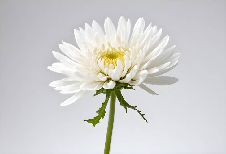 Pristine White Chrysanthemum Flower with Stem, Isolated on White Background