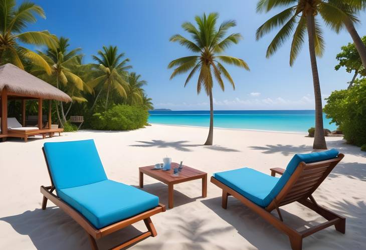 Private Villa with Blue Sky Beachfront Luxury Deck Chairs, Loungers, and Sea Water for Summer