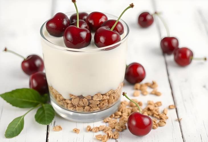 Probiotic Yogurt with Granola and Cherries in Glass A Healthy and Sweet Breakfast