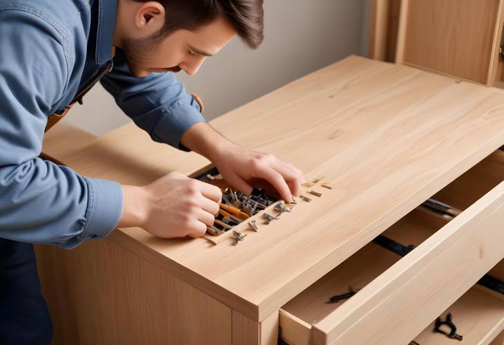 Professional Handyman Fixing Fasteners on Custom Wooden Cabinet Precision Screwdriver Work