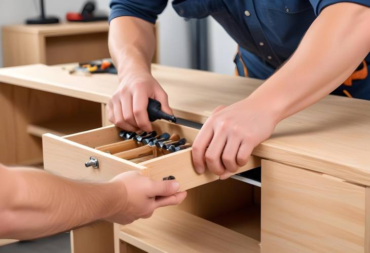 Professional Handyman Fixing Fasteners on Custom Wooden Cabinet with Screwdriver Quality Furniture