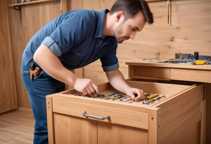 Professional Handyman Fixing Fasteners on Wooden Cabinet with Screwdriver Custom Furniture Assembly