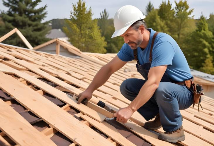 Professional Roofing Contractor in His 40s Attaching Wooden Components to Roof Structure