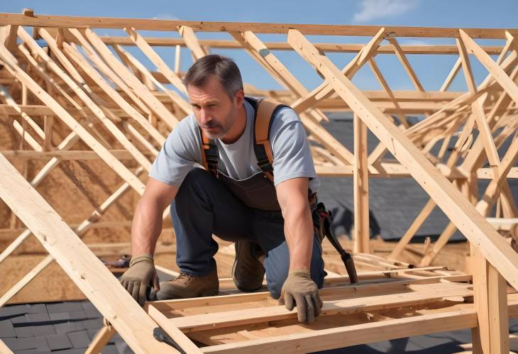 Professional Roofing Contractor in His 40s Securing Wooden Beams on a House Roof