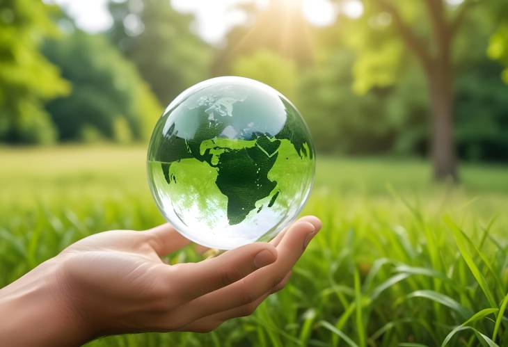 Protecting Our Planet Man with Glass Globe Against a Green Bokeh Background Symbolizing Environment