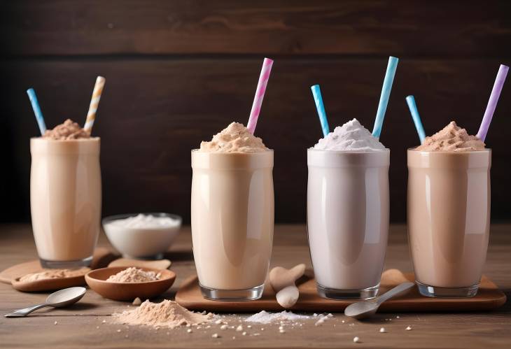 Protein Shakes and Powder on Wooden Table  Closeup of Tasty and Healthy Drinks