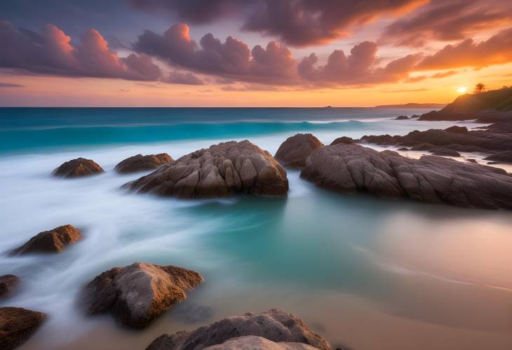 Punta Zicaleta Beach Sunset Long Exposure of Rocks, Turquoise Sea, and Cloudy Sky