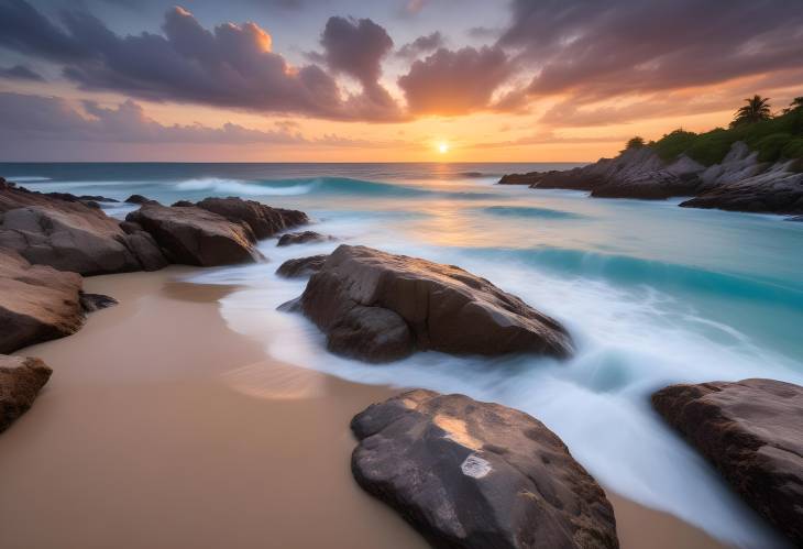 Punta Zicaleta Beach Sunset Rocks, Turquoise Waters, and Cloudy Sky in Long Exposure