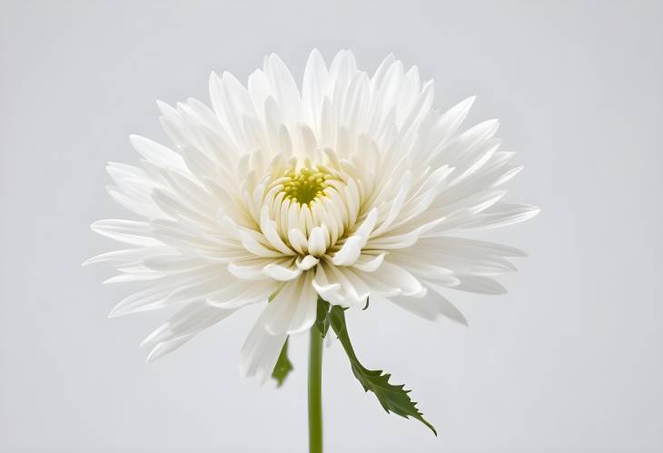 Pure White Chrysanthemum Flower with Stem, Isolated on White Background