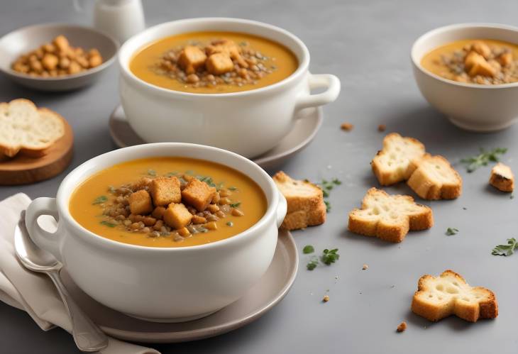 Pureed Lentil Soup with Crispy Croutons Smooth and Tasty Lentil Soup Topped with Crunchy Croutons