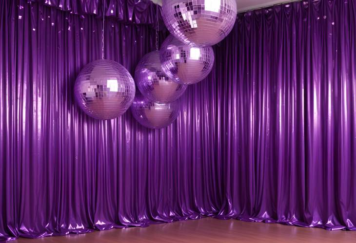 Purple Foil Fringe Curtain and Shiny Disco Balls Set the Scene for a Glamorous Indoor Party