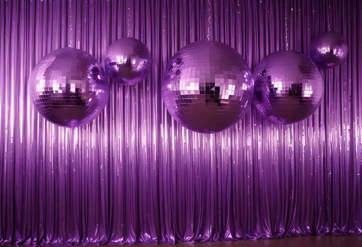 Purple Toned Disco Balls and Foil Fringe Curtain Creating a Sparkling Indoor Atmosphere