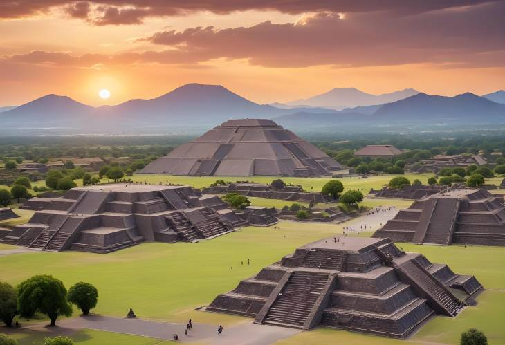 Pyramid of the Moon at Teotihuacan Sunset Over Green Archaeological Landscape