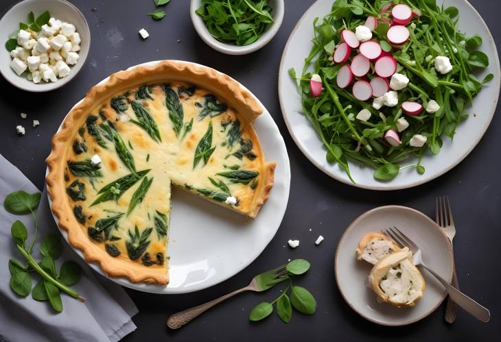 Quiche with Asparagus, Chicken, and Feta Cheese Accompanied by Radish Salad