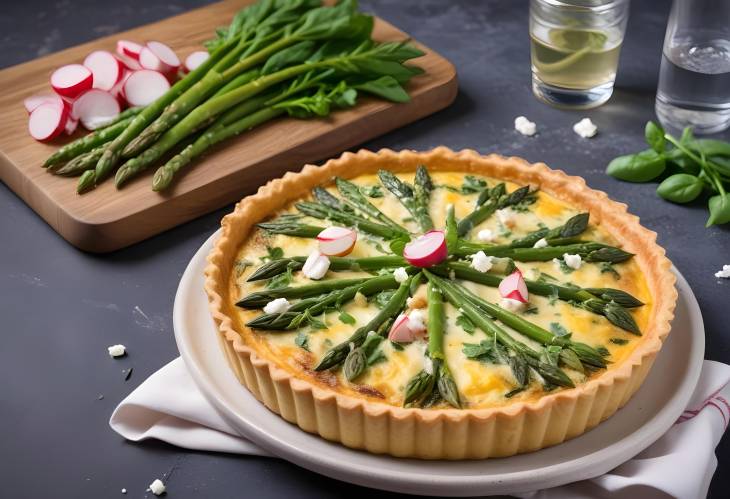 Quiche with Asparagus, Chicken, Feta Cheese, and Watercress Radish Salad