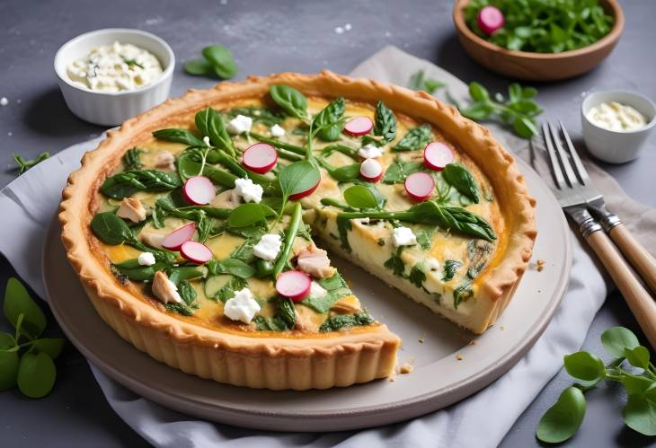 Quiche with Chicken, Asparagus, and Feta Cheese Served with Watercress Radish Salad