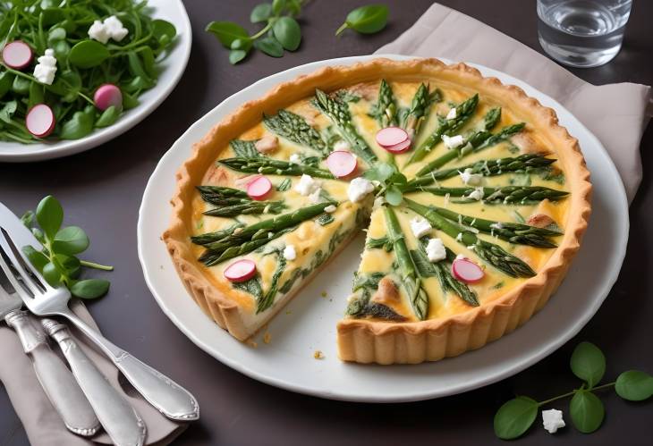 Quiche with Chicken, Asparagus, Feta, and Radish Salad on a Plate