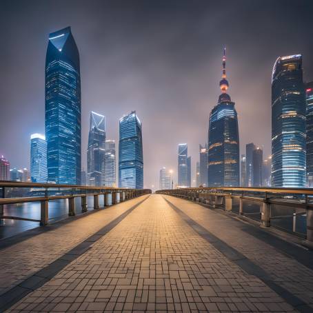 Quiet Night in Shanghai Empty Square and Bridge Framed by City Lights