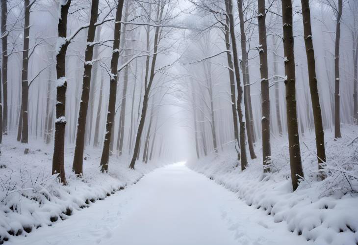 Quiet Snow Covered Path in a Winter Forest with a Serene and Peaceful Atmosphere