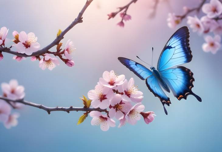 Radiant Blue Butterfly Over Apricot Tree Blossoms at Sunrise with a Light Blue and Violet