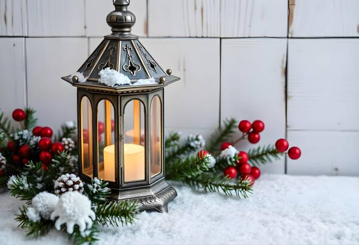 Radiant Glow Christmas Lantern Against Snowy Wood