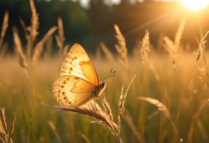 Radiant Golden Butterfly in Sunset Over Summer Meadow