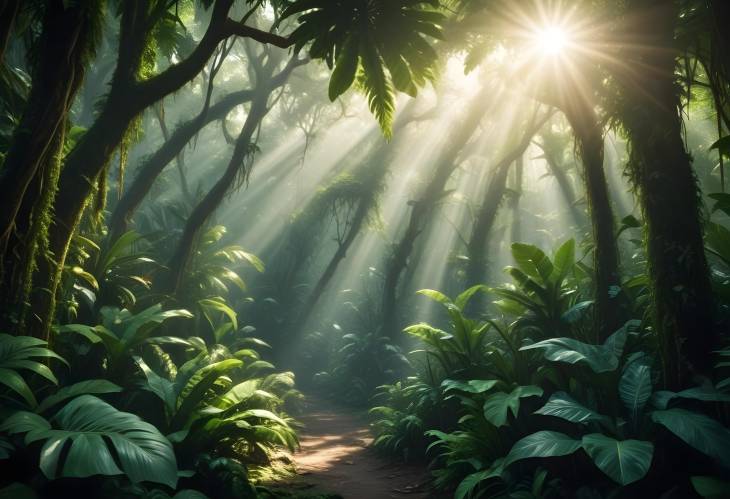 Radiant Tropical Jungle with Sunlight Filtering Through Dense Canopy, Creating a Serene Mystical At