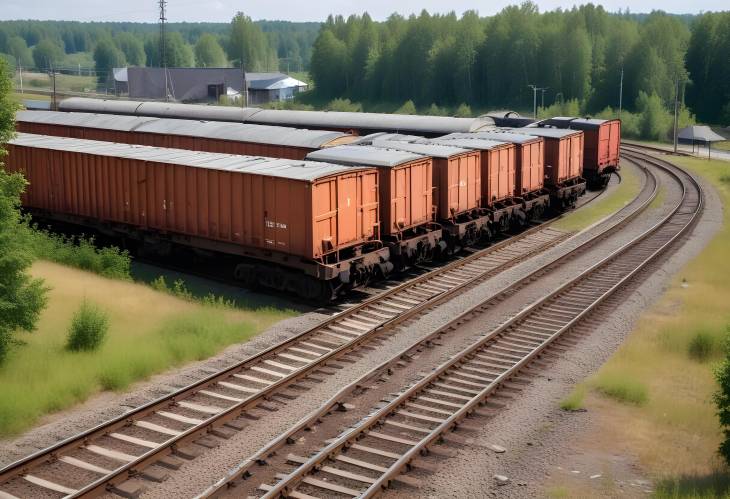 Railway Station View with Freight Train and Delivery Wagons Passing