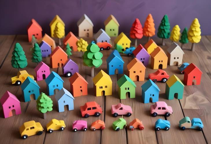 Rainbow Colored Wooden Toys Houses, Trees, Cars, and Figures for Fun and Educational Play