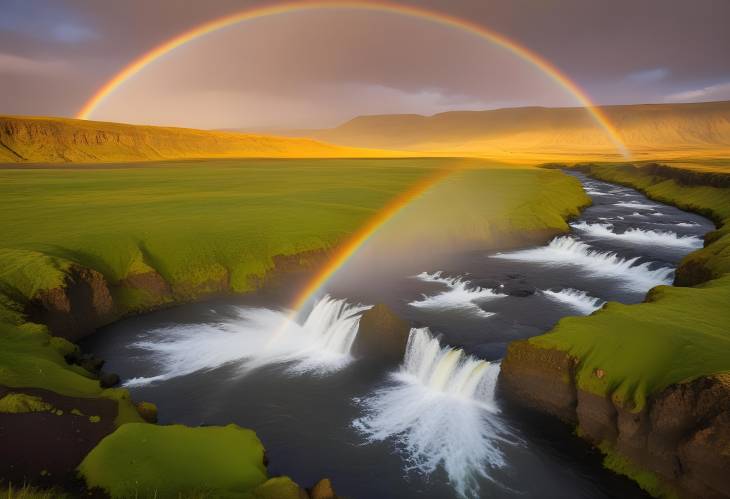 Rainbow Illuminating Krossa River, Porsmoerk, Iceland Stunning European View