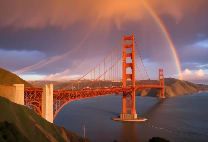 Rainbow Over Golden Gate Bridge at Sunset with Orange Storm Clouds, San Francisco, California