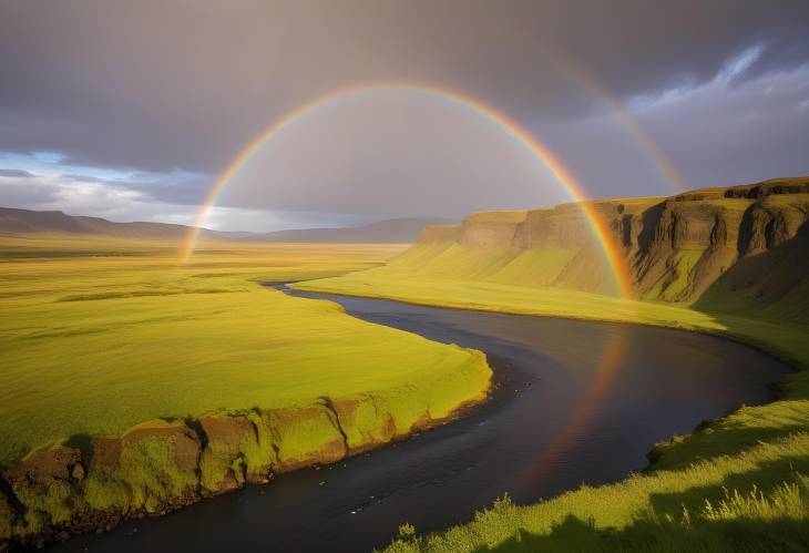 Rainbow Over Krossa River A Scenic View from Porsmoerk, Iceland, Europe