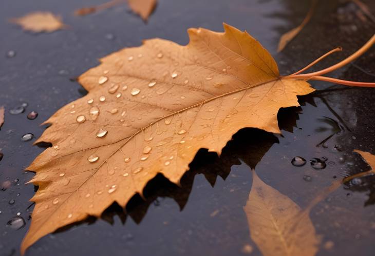 Raindrops on a Brown Autumn Leaf  A Close Up from New Hampshire, USA