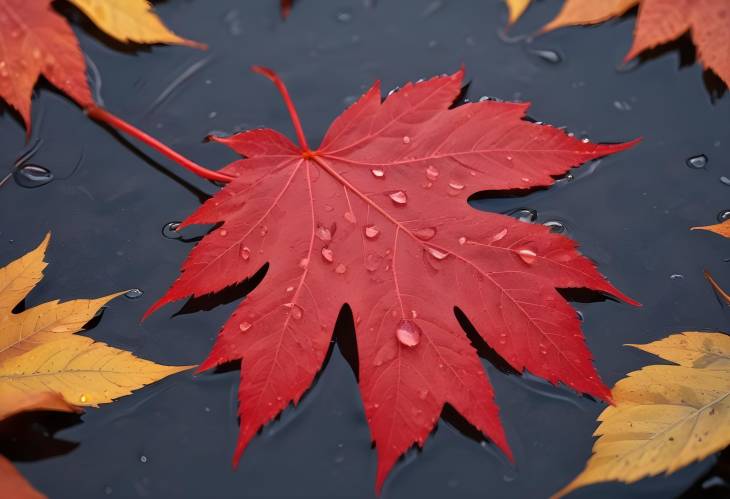 Raindrops on a Red Leaf Autumn CloseUp in New Hampshire, USA