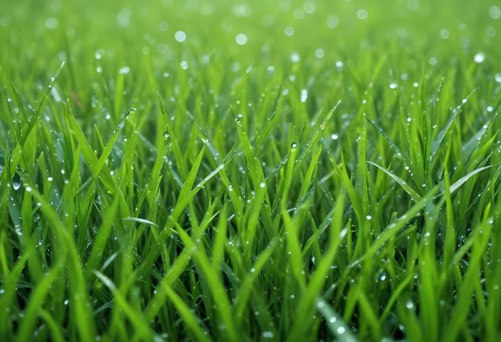 Rainy Green Grass Meadow and Lawn Background with Wet Grass and Water Drops