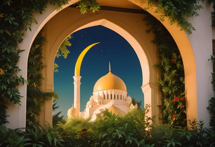 Ramadan Kareem Background Mosque Window  Crescent Moon Glow