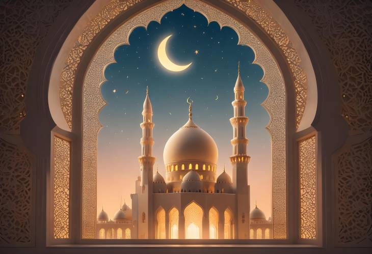 Ramadan Kareem Mosque Window with Shiny Crescent Moon