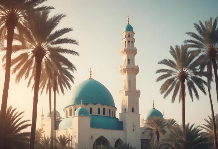 Ramadan Kareem Mosque with Lanterns and Crescent Moon