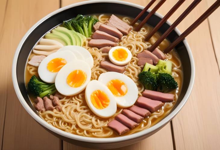 Ramen Savory Japanese Noodle Soup with Rich Broth, Meat, Eggs, and Fresh Vegetables