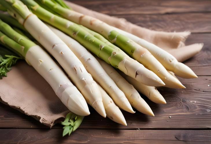 Raw Green and White Asparagus on Wooden Table Ideal for Cooking, Grilling, and Salads