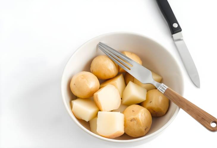 Raw Potatoes in a Bowl with Knife on Light Background A Minimalistic Kitchen Setup