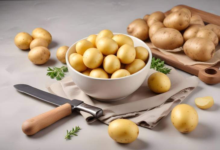 Raw Potatoes in a Bowl with Knife Rustic Simplicity on Light Background