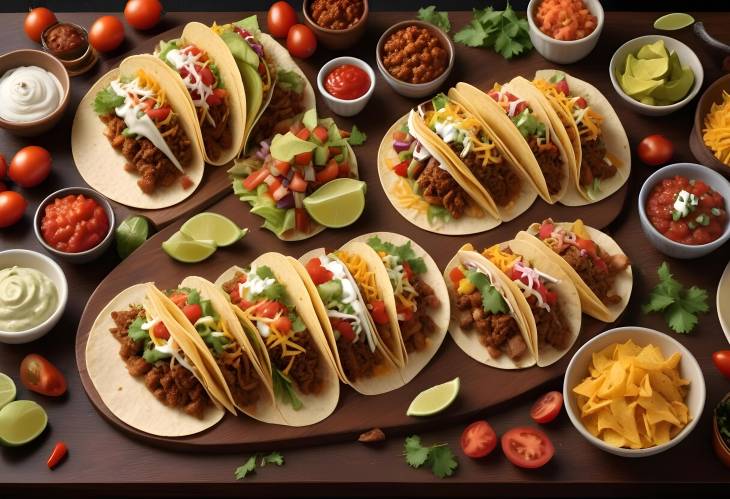 Realistic Sumptuous Taco Feast A Culinary Delight on a Dark Brown Table