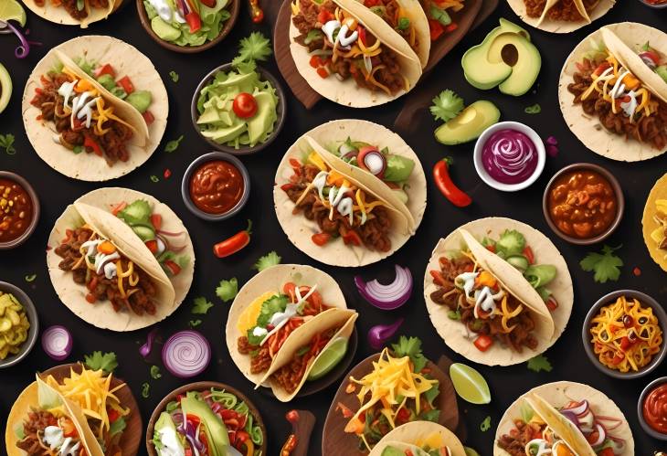 Realistic Taco Platter A Sumptuous and Detailed Culinary Feast on Dark Brown Table