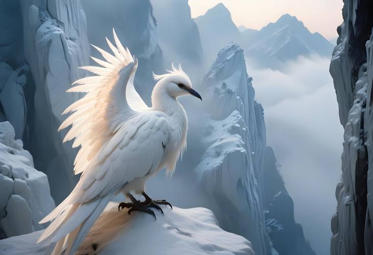 Realistic White Chinese Loong Bird with Ethereal Glow on Marble Mountain Peak