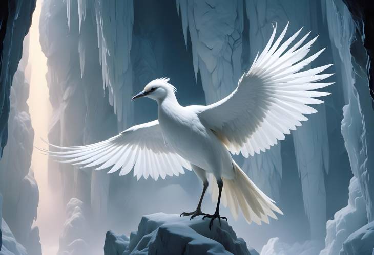 Realistic White Chinese Loong Bird with Glowing Wings on Marble Mountain Peak