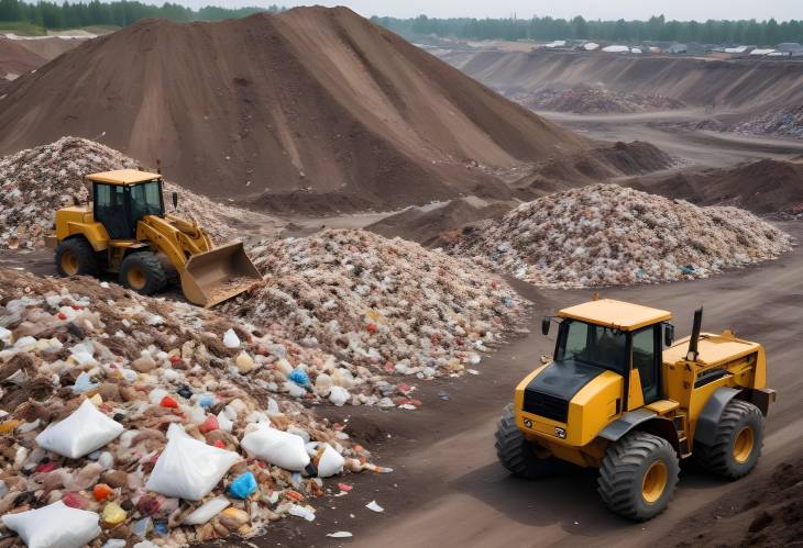 Recycling at Landfill Bulldozer Clearing Plastic Bags and Food Waste from Garbage Dump