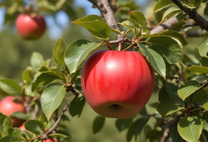 Red Apple Close Up on Tree Branch Capturing Natural Freshness and Vibrant Color