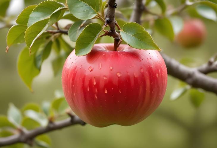 Red Apple on Tree Close Up Showcasing Freshness and Natural Detail