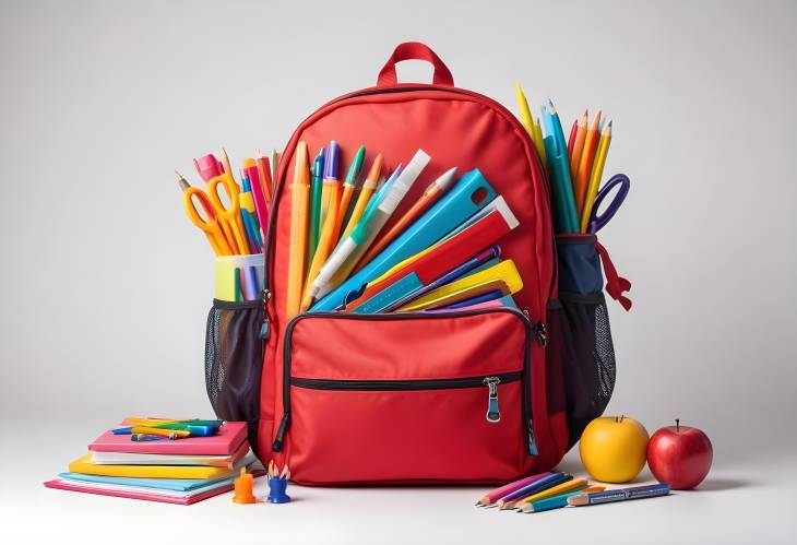 Red Backpack Filled with School Supplies on a White Isolated Background, Ideal for Students